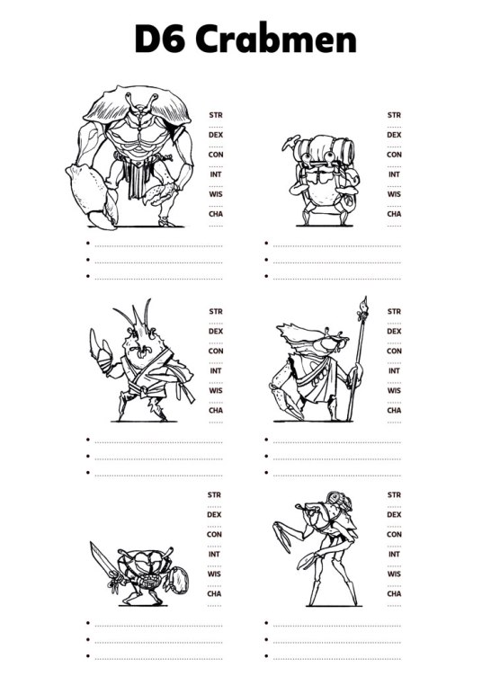six character sheets with different depictions of crabmen.