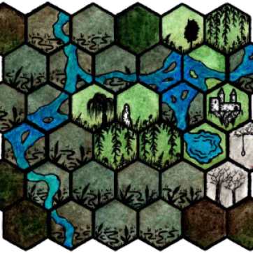 Hexmap of a swamp with a ruined manor and some haunted woods.