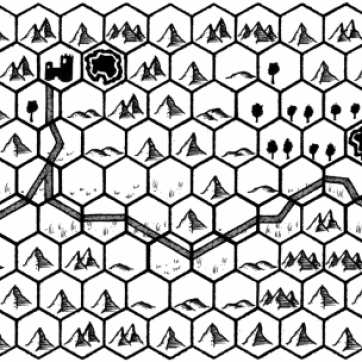 Hexmap in black and white, a road goes across the map.