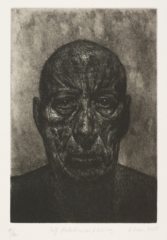 The blue man in a black white etching, a haggard old man with leathery skin.